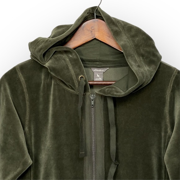 Eddie Bauer Hooded Full Zip Sweater Women Size PM Green Pocket Velvet Velour - Picture 4 of 11